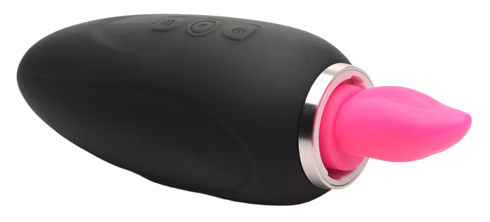 Compact black silicone tongue vibrator with licking feature, top view