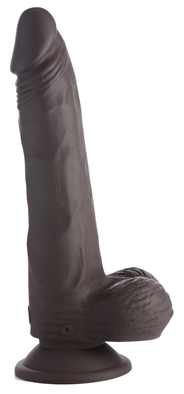 Dark Thrusting Vibrator side view with suction base and lifelike design