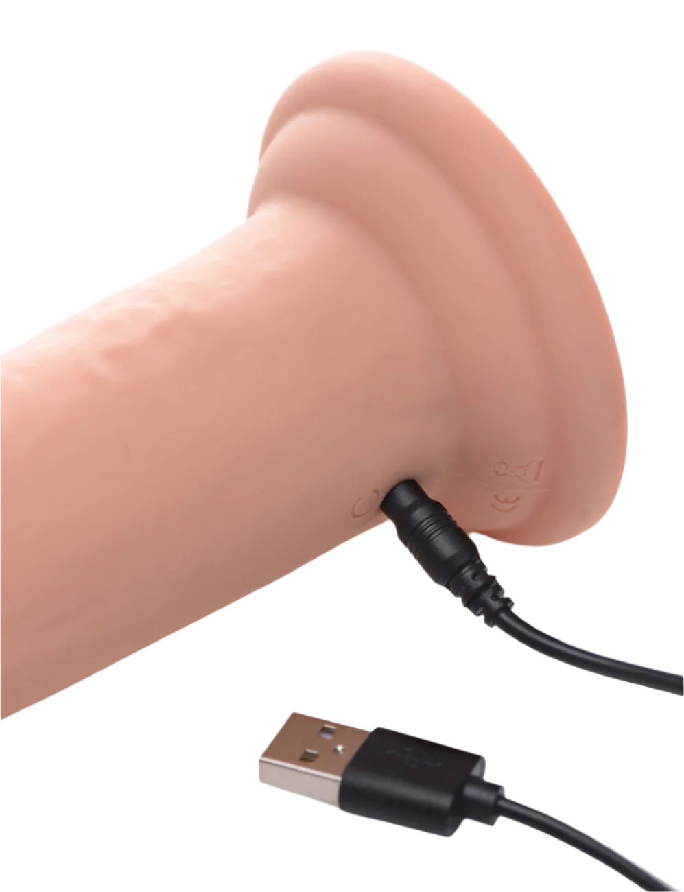 Silicone flesh dildo with remote control, ergonomic design side view with USB Charger