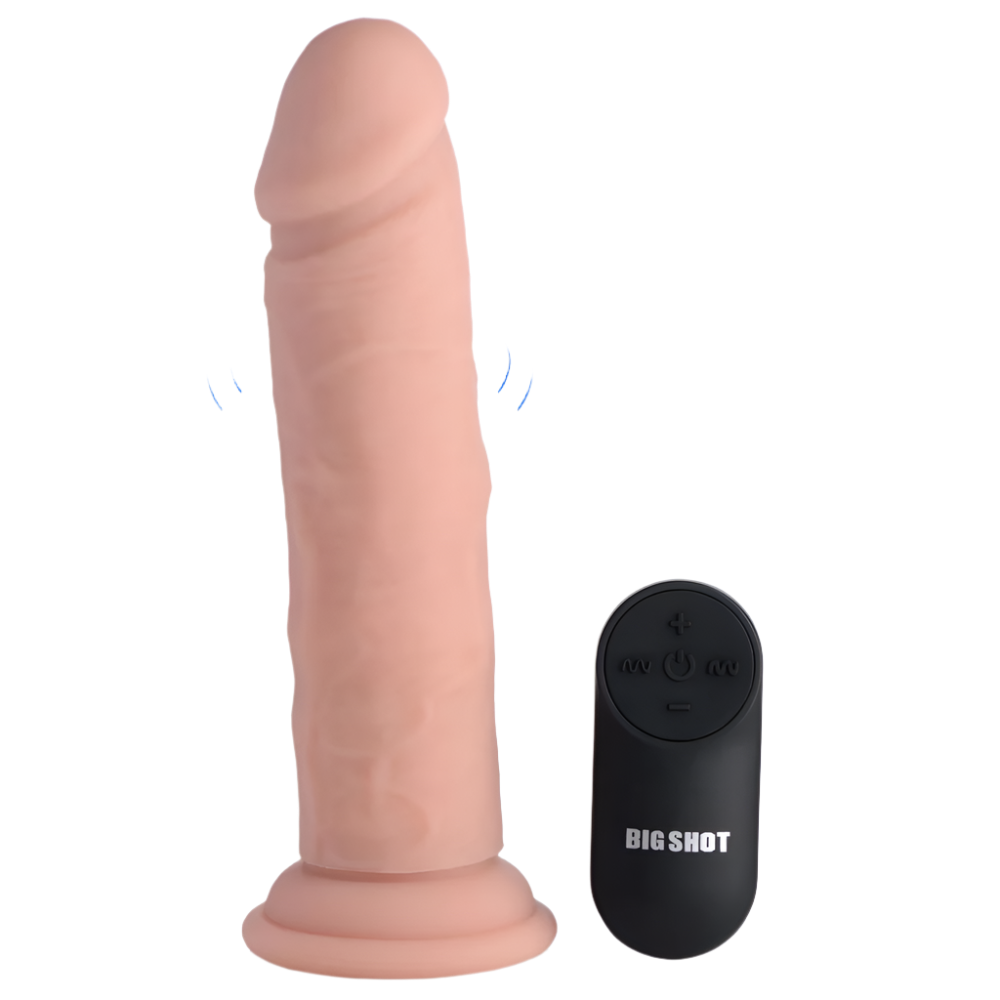 Flesh 7 inch silicone dildo, remote control vibrators, angled side view