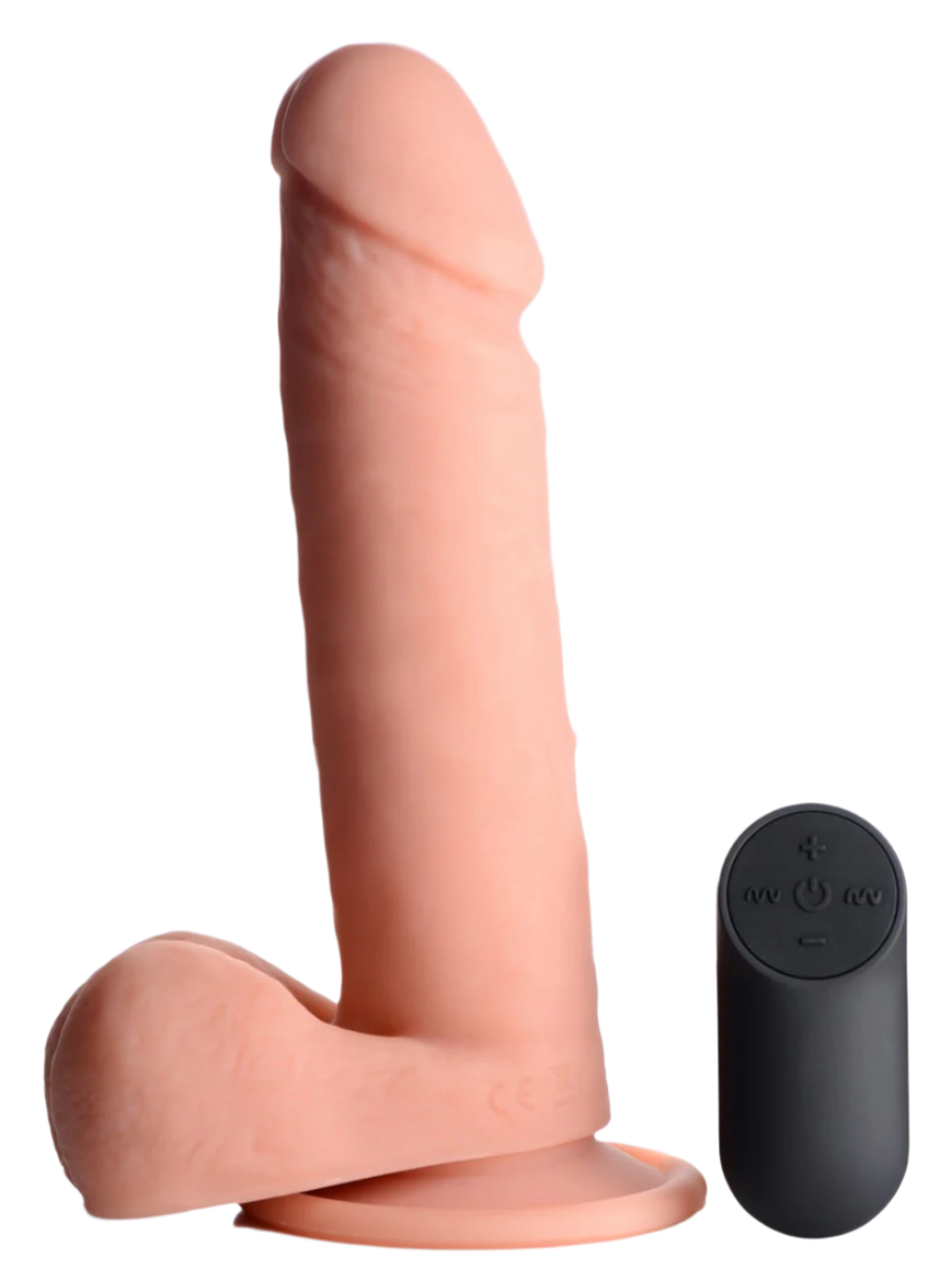 Flesh 8 inch silicone dildo with balls, remote control vibrators, side view