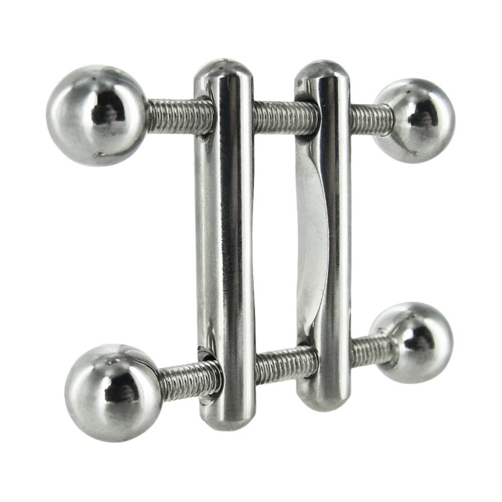 Grey twin screws nipple toys, adjustable clamps, side view for detail