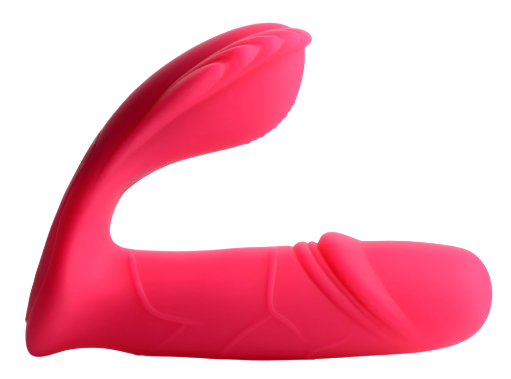 Pink panty vibrator, 7 speed thumping feature, angled side view