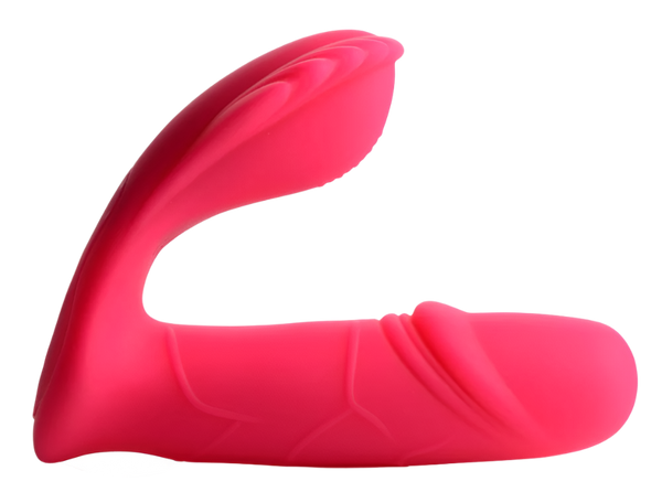 Pink panty vibrator, 7 speed thumping feature, angled side view