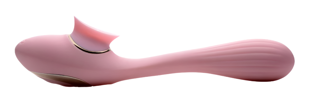 Pink bendable tongue vibrator, 2-in-1 design angled side view