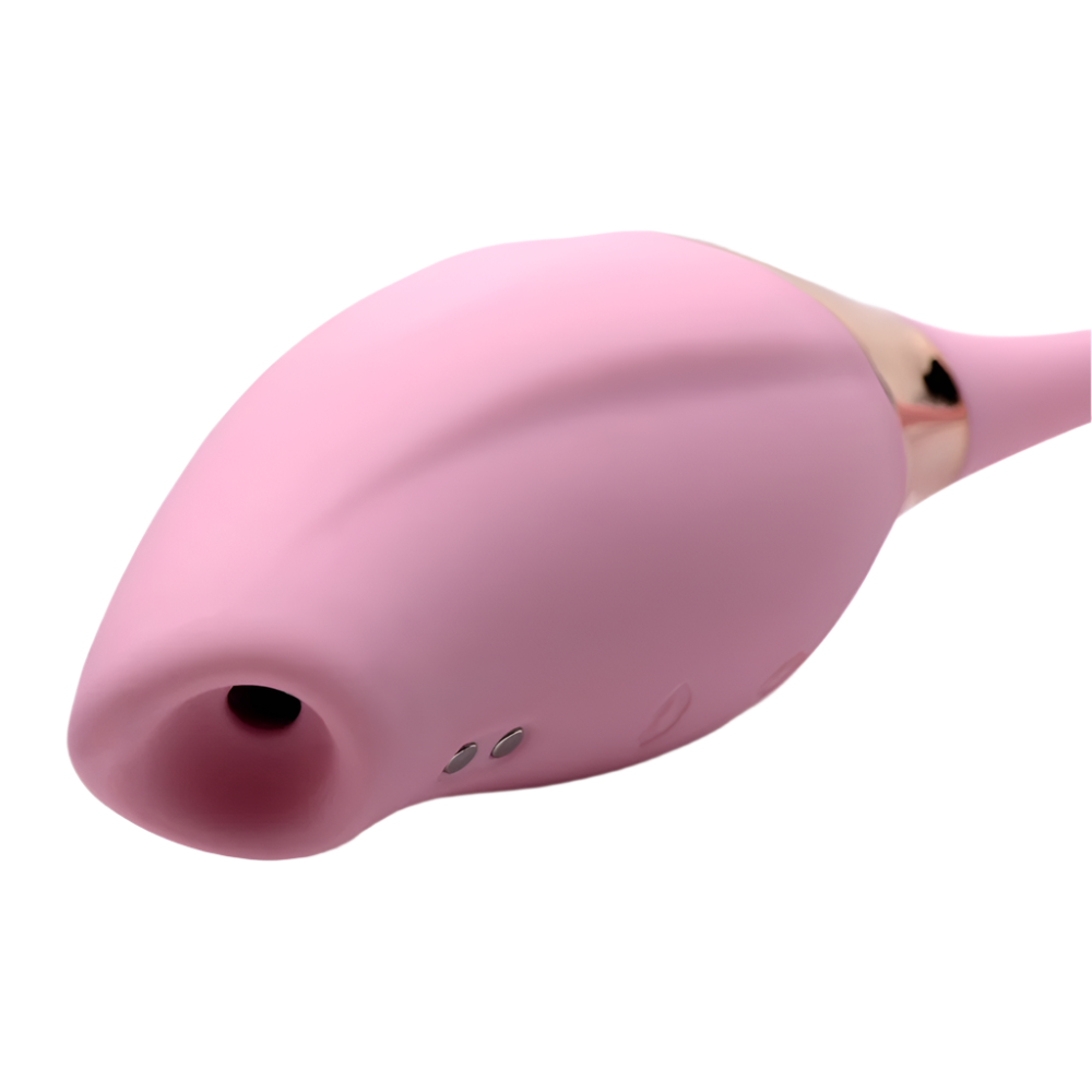 Side view of pink clitoral suction vibrators with egg attachment