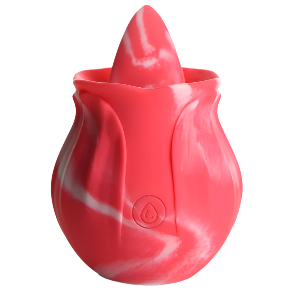 Pink tongue vibrator, 10-speed twirl design angled side view