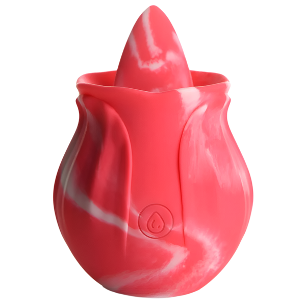 Pink tongue vibrator, 10-speed twirl design angled side view