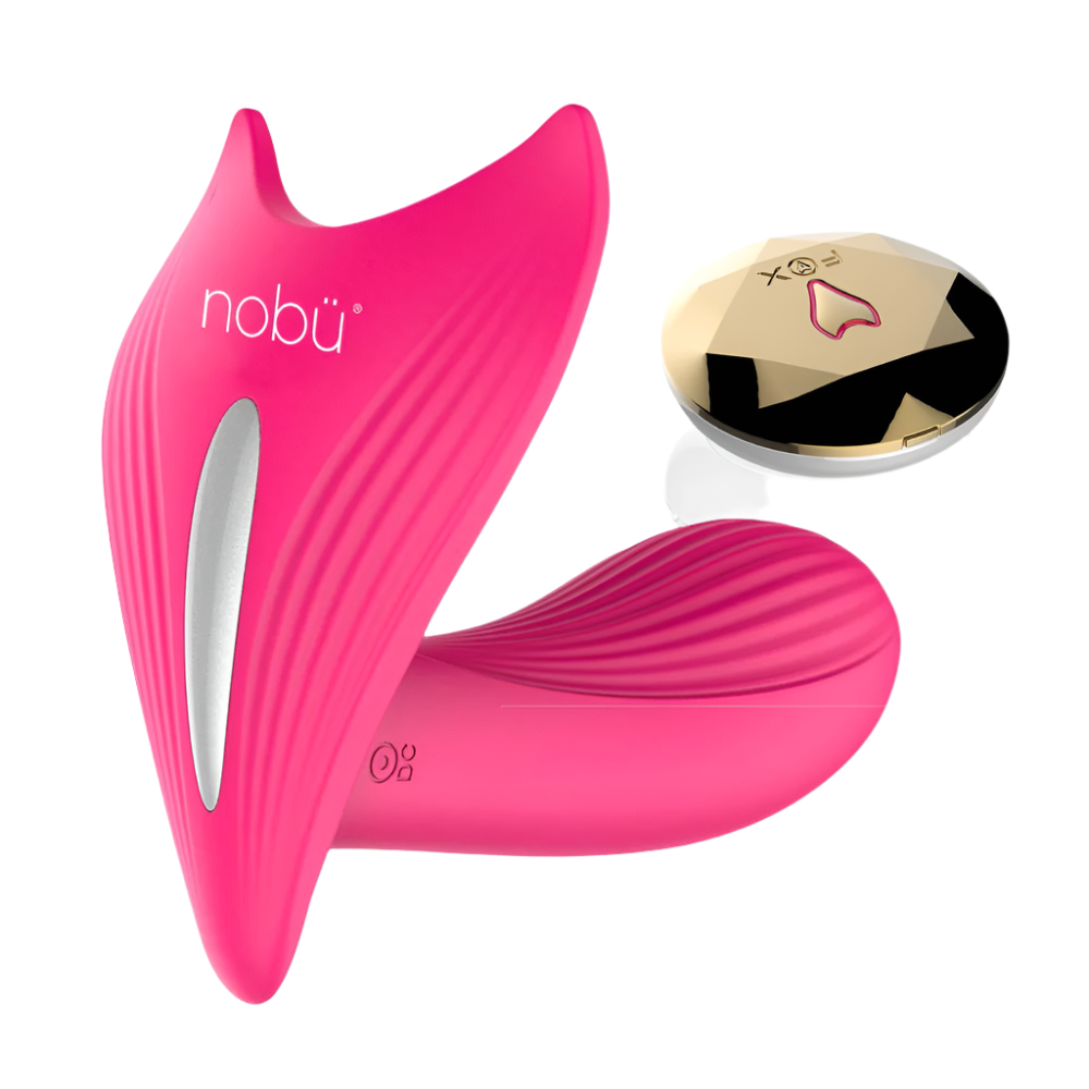 Pink wireless panty vibrator with remote, side view for detail