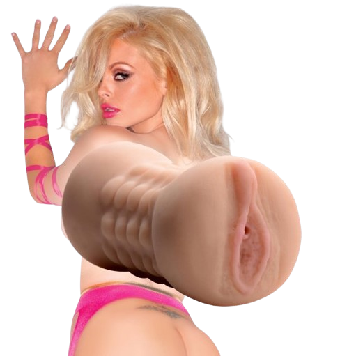 front view of the pocket pussy with the model in the background to show who it was molded after numen wellness