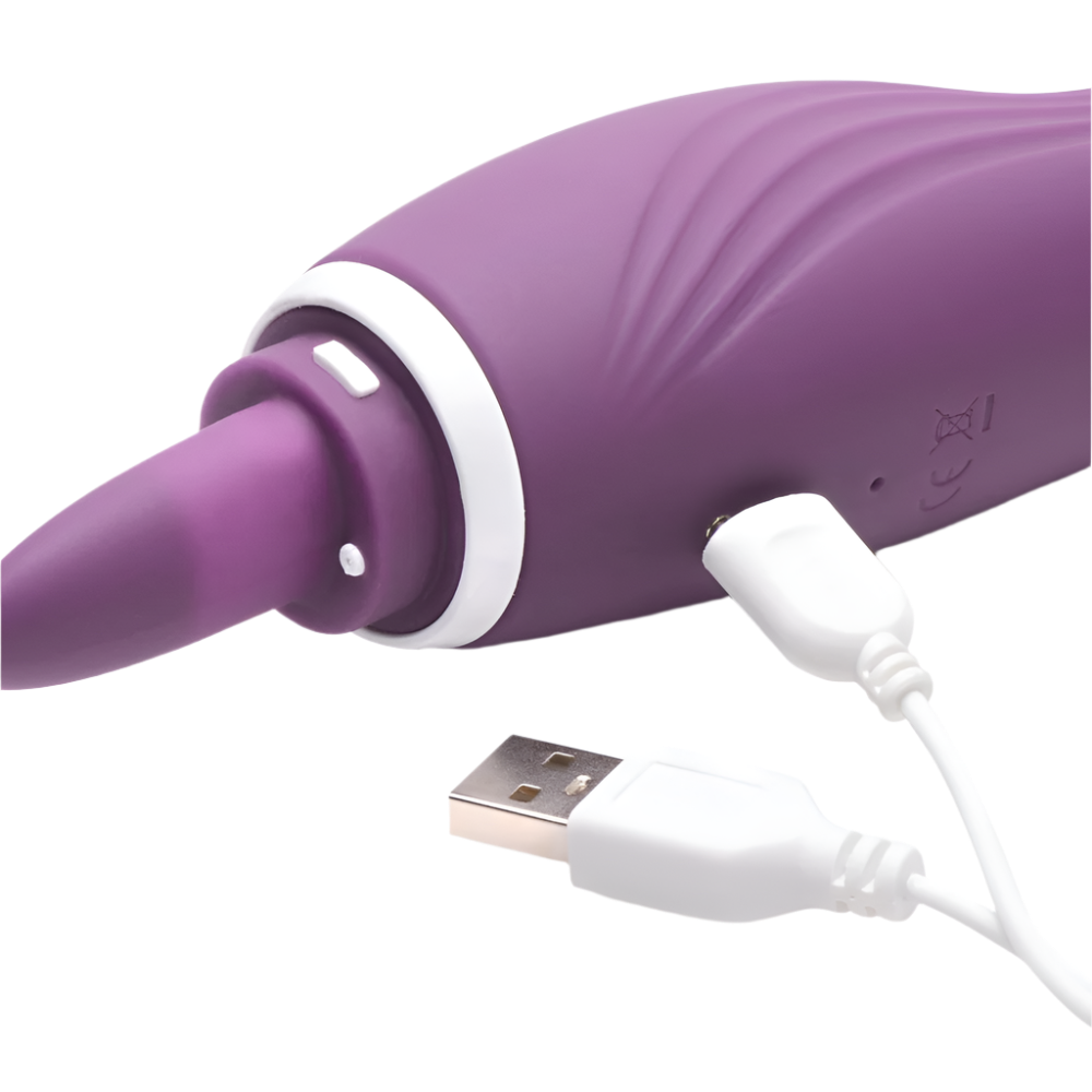 Purple 8-speed tongue vibrator, detailed view of licking function with USB Charger