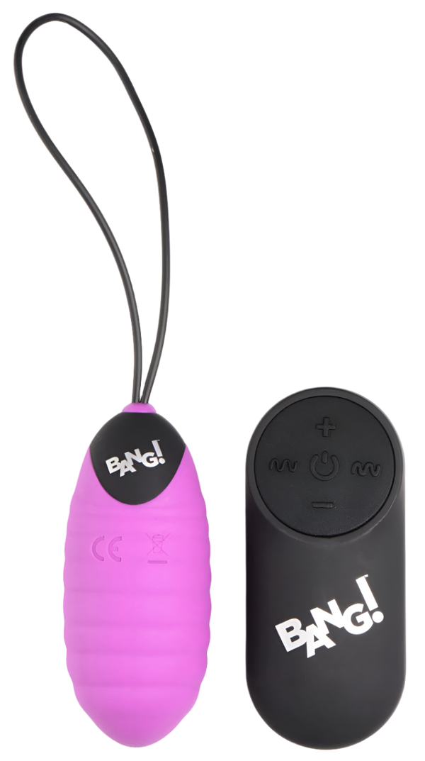 Purple ribbed egg vibrators, 28 speed remote control, side view