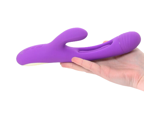 Side view of Purple Silicone Rabbit Vibrator in Hand for size reference