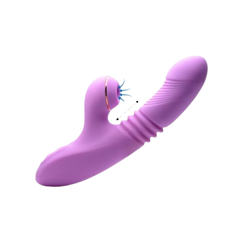 Elegant Purple with gold trim Suction Rabbit Vibrator side profile view blue arrows showing suction sex toy numen wellness