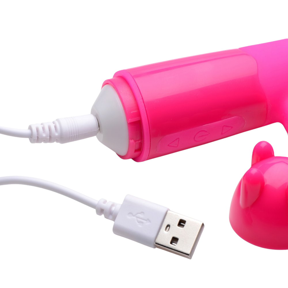 Rebel Silicone Rabbit vibrator connected to its charger