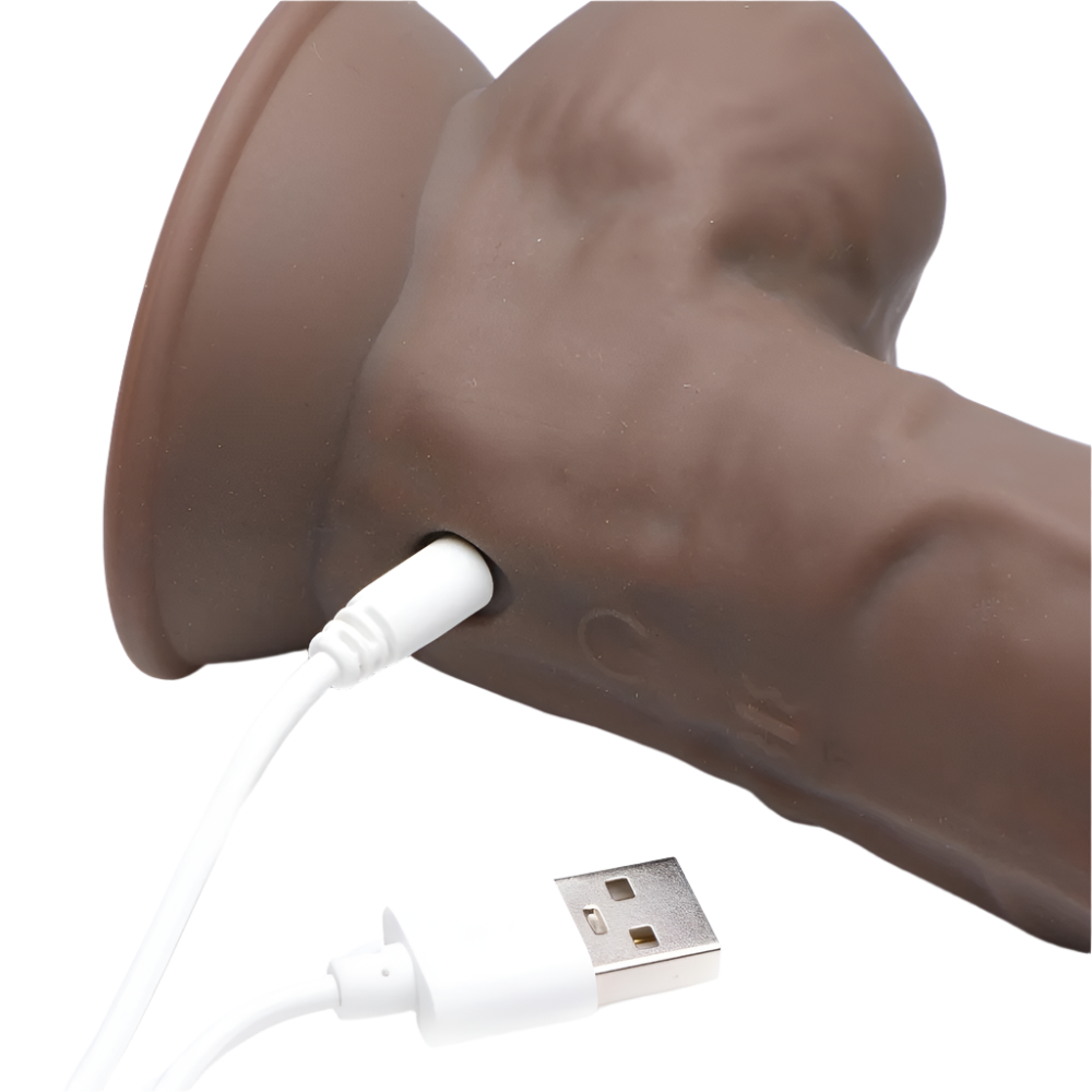 Rechargeable brown Realistic Vibrators, side angle view with USB Charger