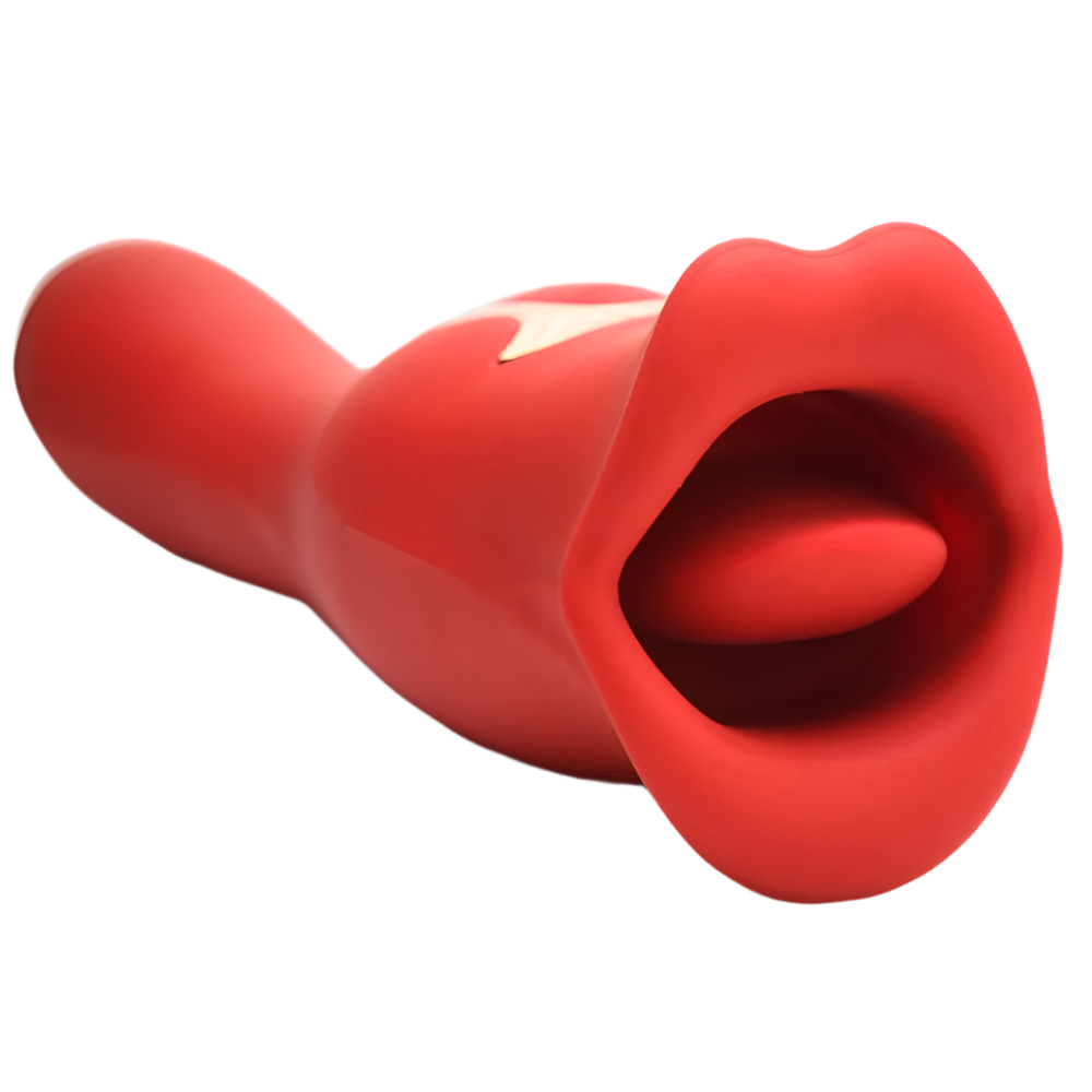 Red dual-ended tongue vibrator with kissing feature side view