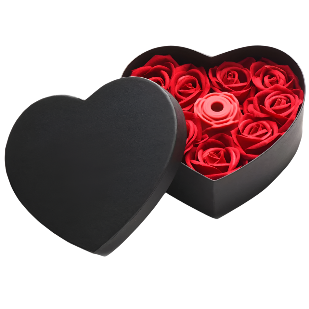 Red Rose Vibrator in heart-shaped box with decorative roses view