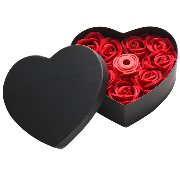 Red Rose Vibrator in heart-shaped box with decorative roses view