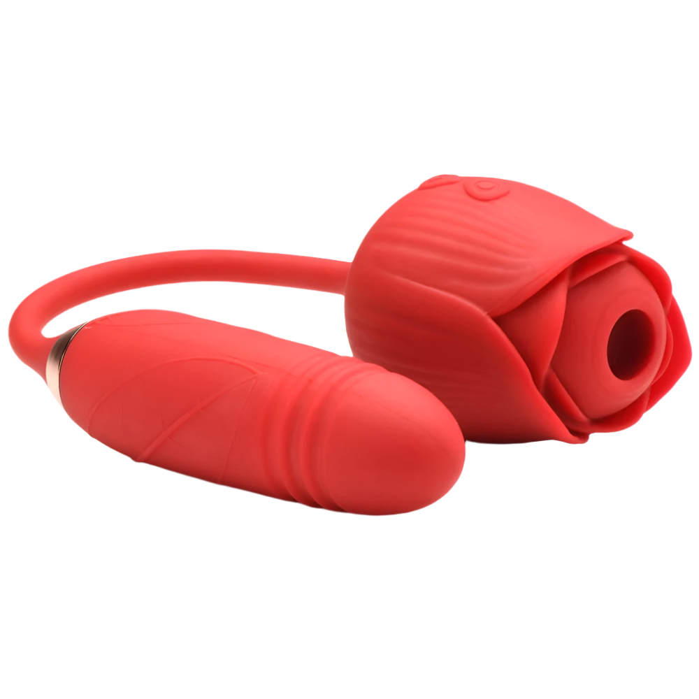 Red Rose Vibrator showcasing suction and thrusting features