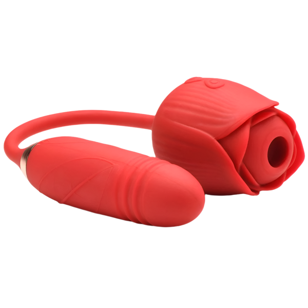 Red Rose Vibrator showcasing suction and thrusting features
