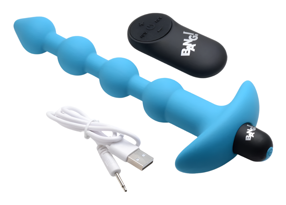 Remote-controlled blue Anal Vibrator, side perspective with USB Charger