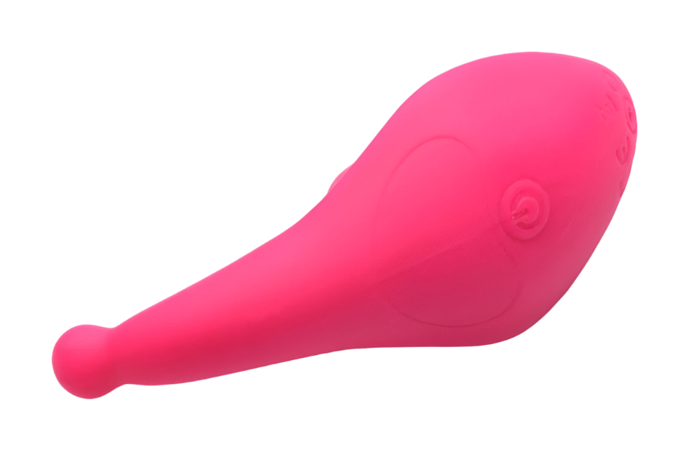 Side view of pink silicone panty vibrator with remote control