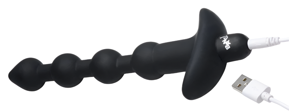 Silicone Anal Vibrator, black, angled close-up with USB Charger