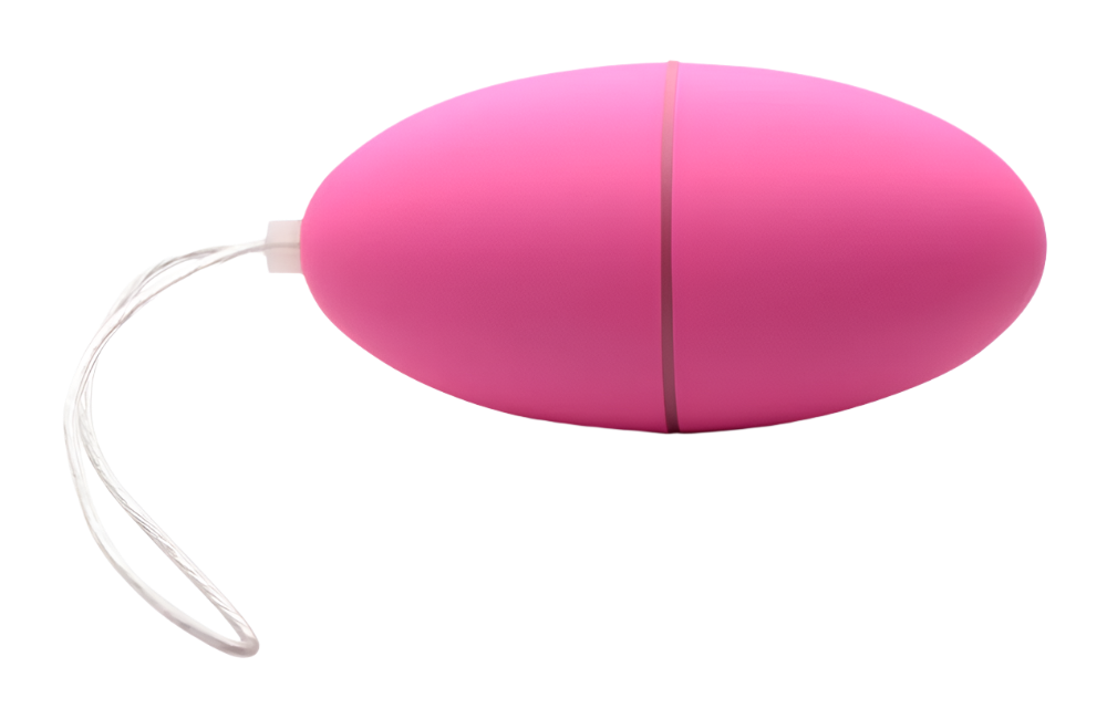 Side view of pink silicone panty vibrator, 28-speed scrambler feature