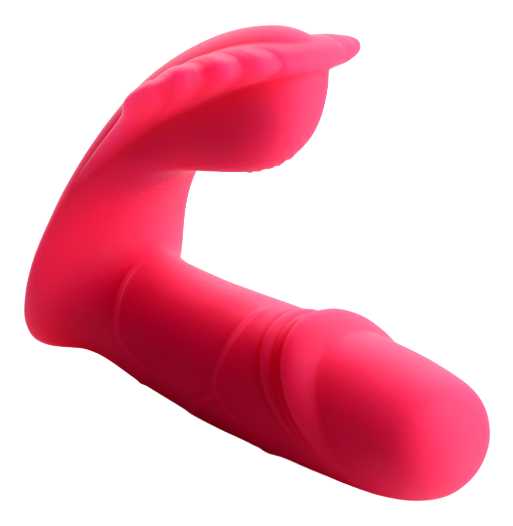 Side view of pink silicone panty vibrator with remote control