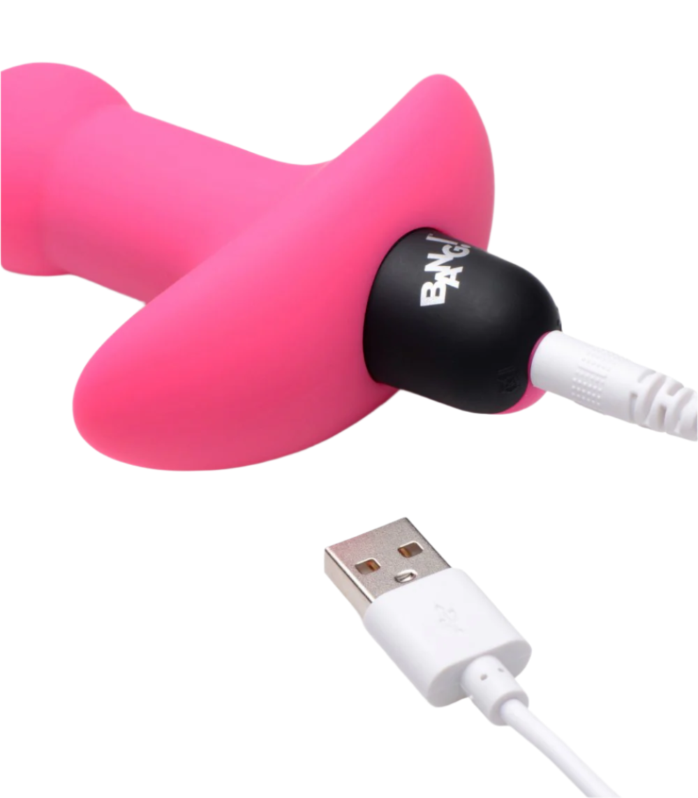 Silicone pink Anal Vibrator, top-down perspective with USB Charger