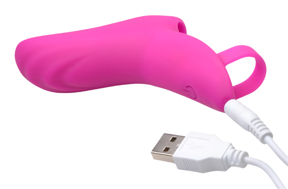 Silicone Finger Vibrator - Top view of pink 7-speed Finger Bang Her Pro with USB Charger