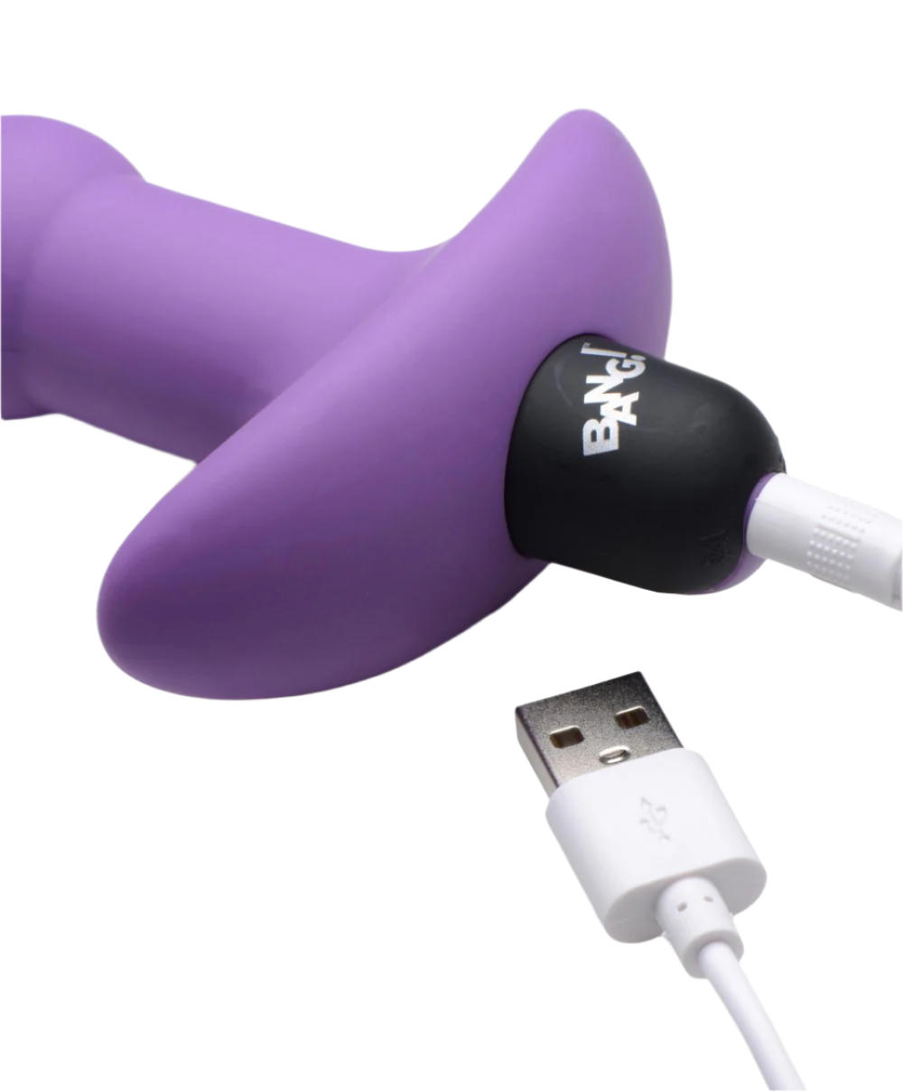 Silicone purple Anal Vibrator, side view with remote USB Charger