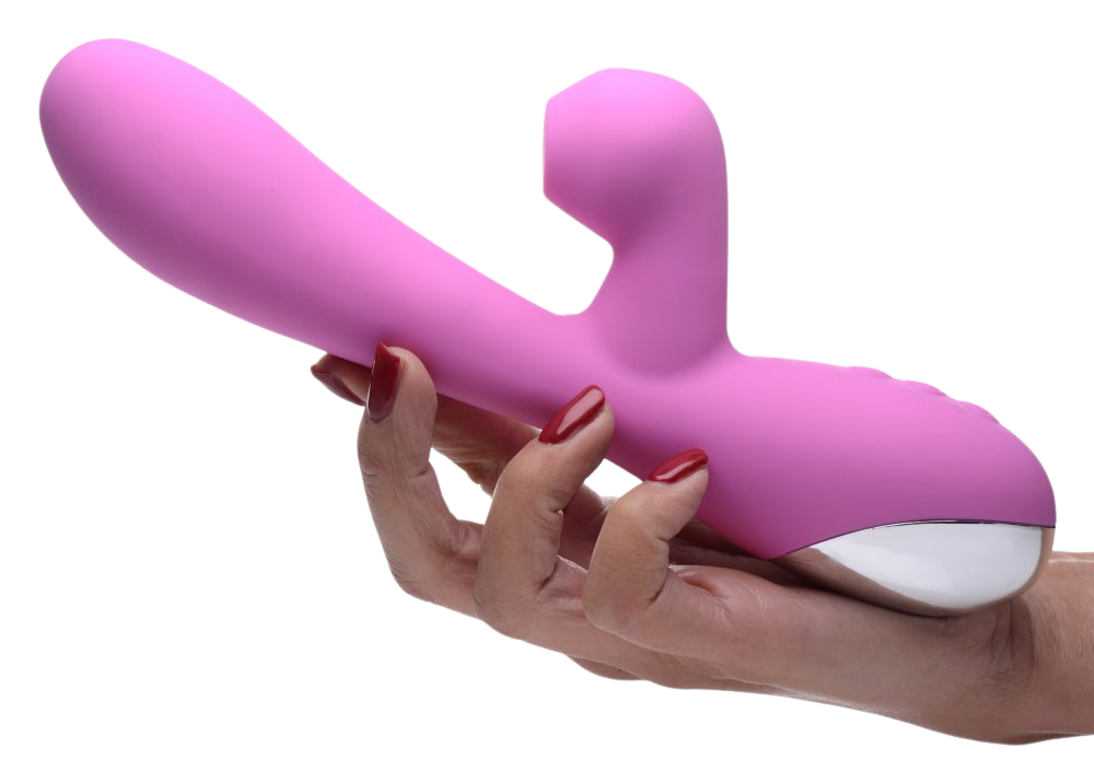 Suction Come-Hither Silicone Rabbit Vibrator held in hand to show size