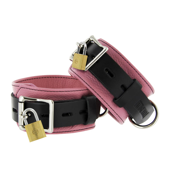 Strict Leather Pink and Black Deluxe Locking Ankle Cuffs – restraints and cuffs, Metal
