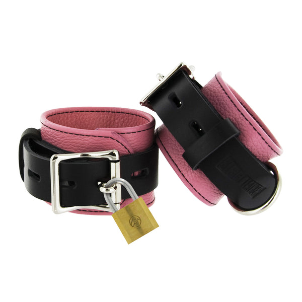 Strict Leather Pink and Black Deluxe Locking Wrist Cuffs – restraints and cuffs, Metal