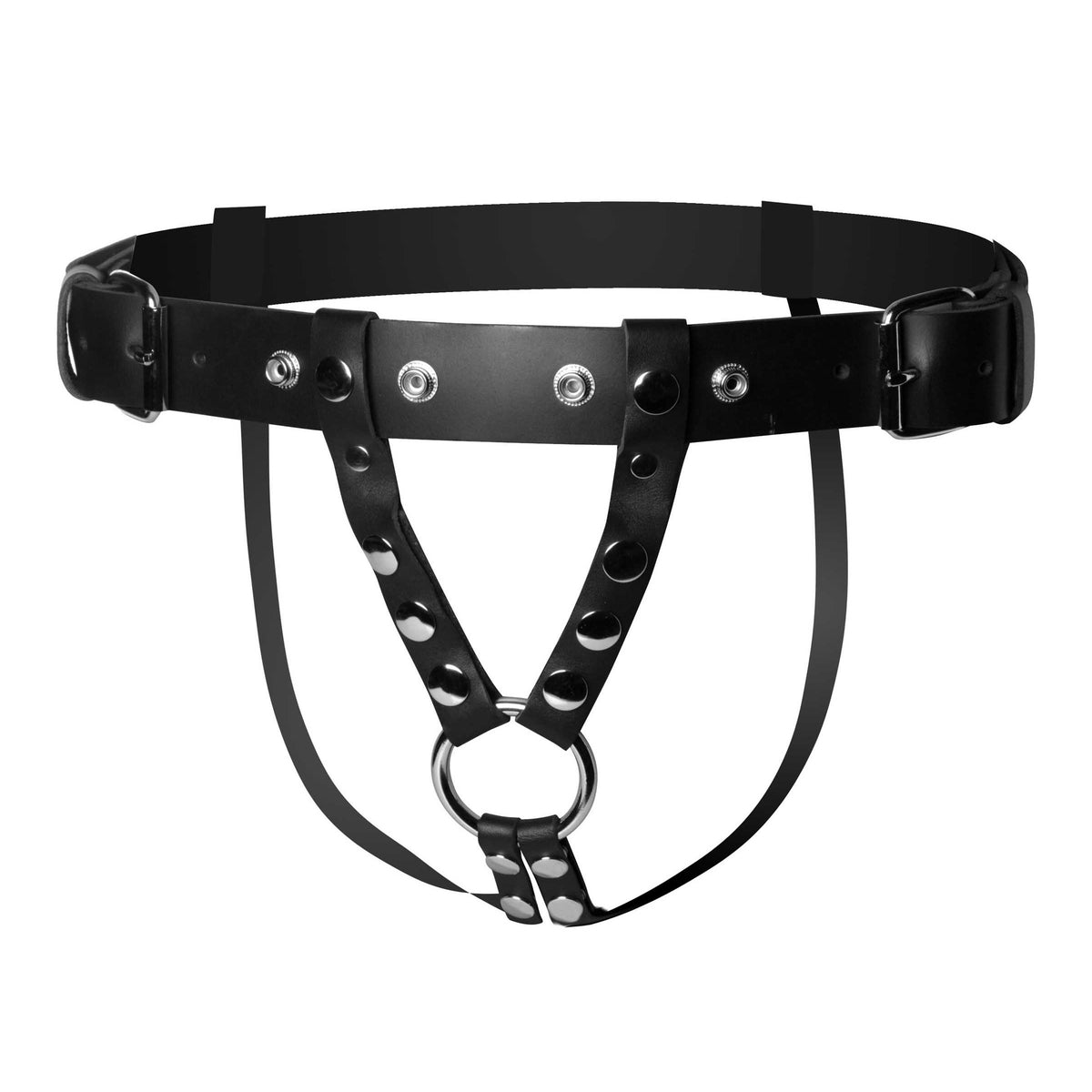 Double Penetration Premium Leather Dildo Harness for Men – strap-on and harness, Metal (view 3)