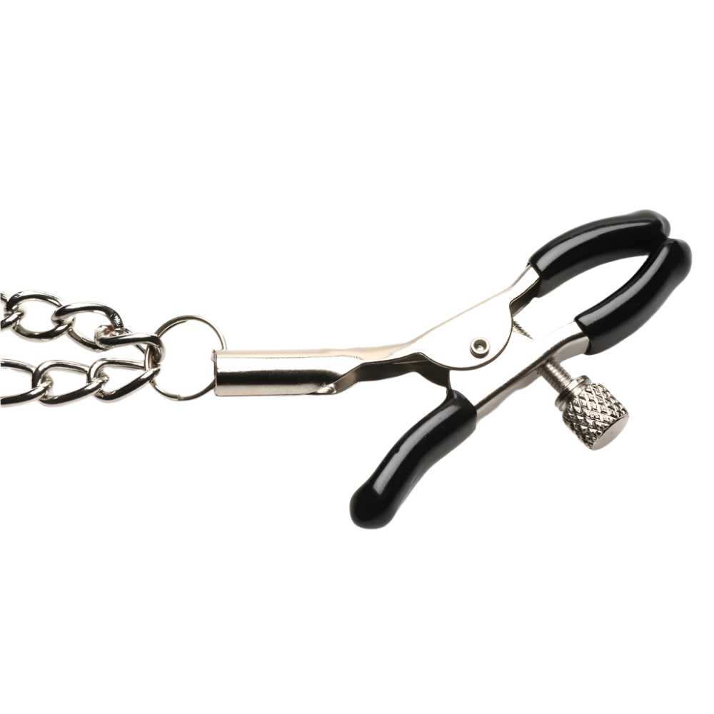 Nipple toys with black dagger-shaped clamps, double chain, top view