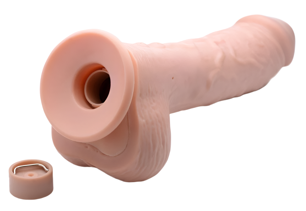 Vibrating squirting dildo flesh color 8.5 inch top view