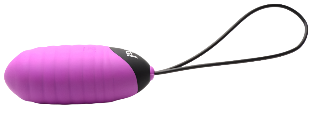 Silicone purple egg vibrators with ribbed texture, remote control, top view