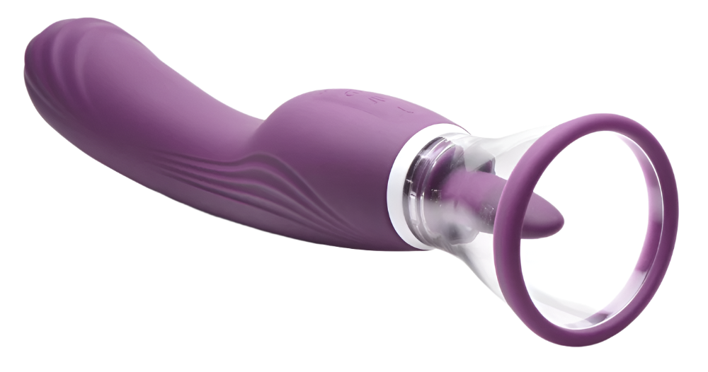 8-speed purple tongue vibrator, angled top view sucking function